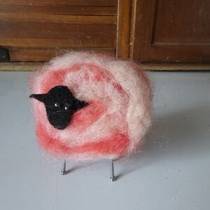 Handmade Pink and White Shetland Wool Sheep Figurine New